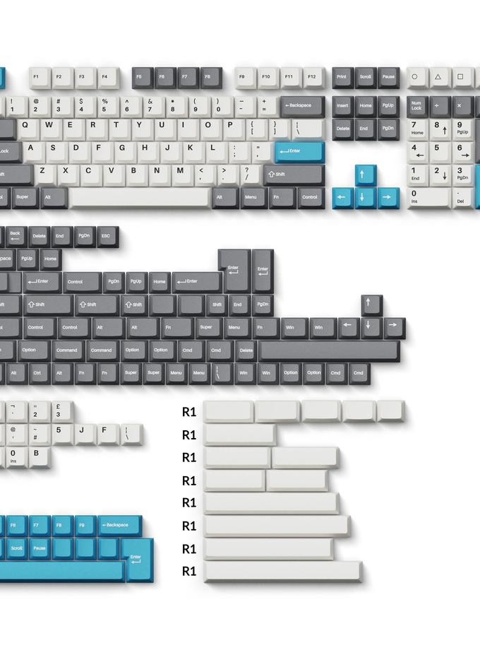 Cherry Profile Double - Shot PBT Full Set Keycaps - Grey, White, and Blue Best Price